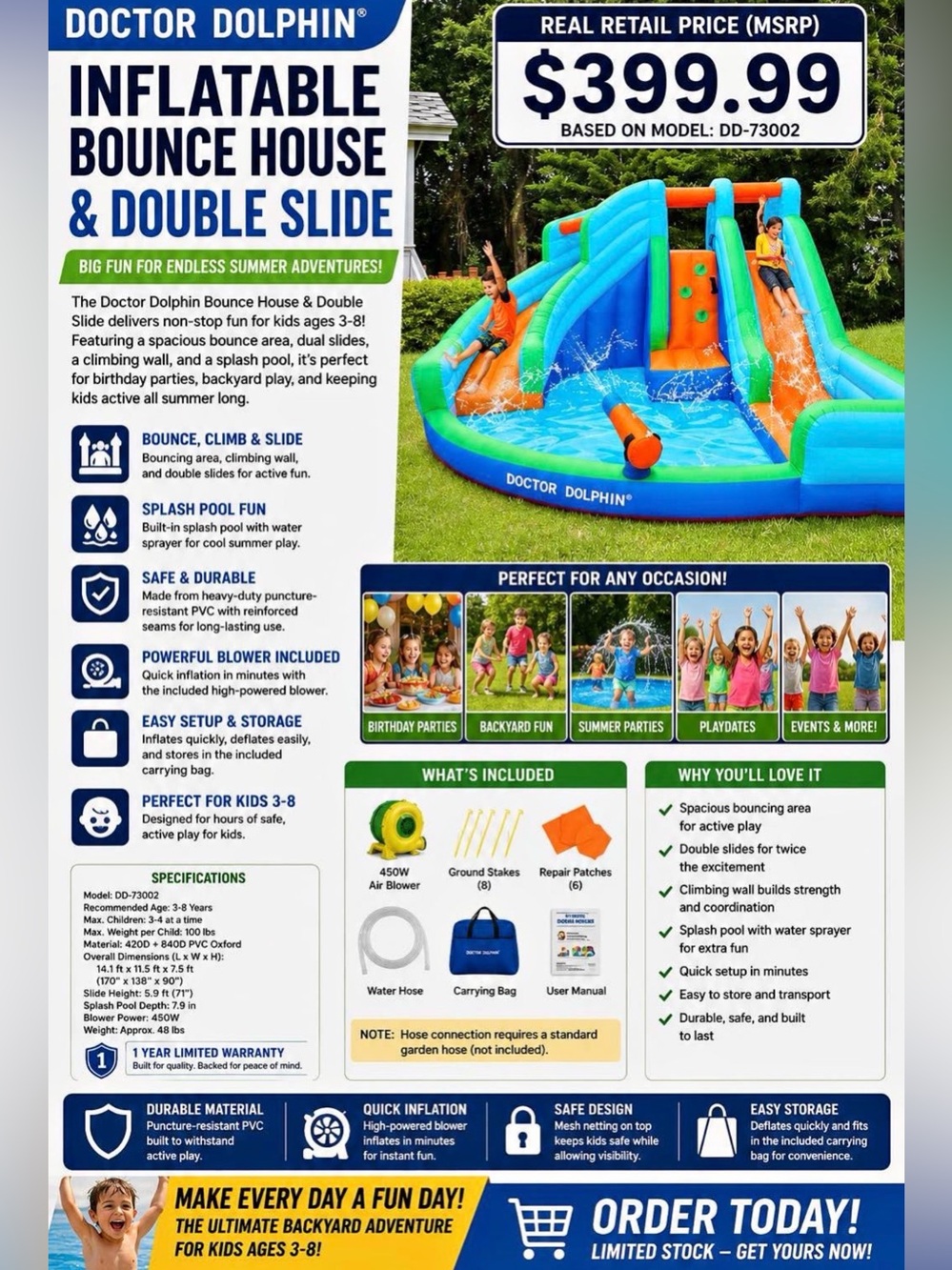 Doctor Dolphin Inflatable Bounce House & Double Slide - Blue Orange Green NIB